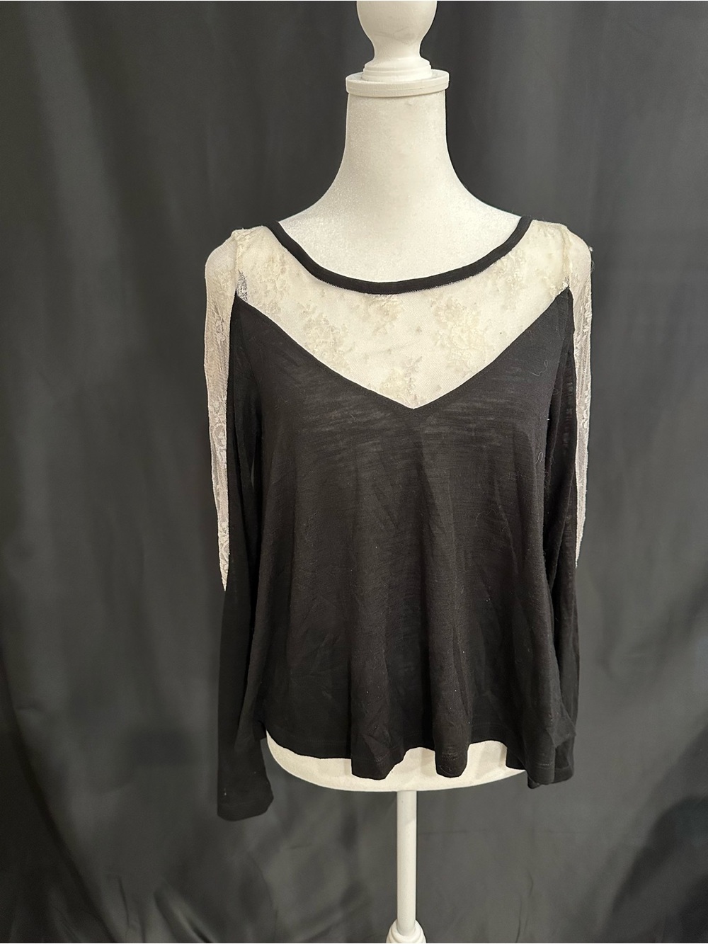Miss Chievous Black Blouse with Cream Lace Yoke and Sleeves